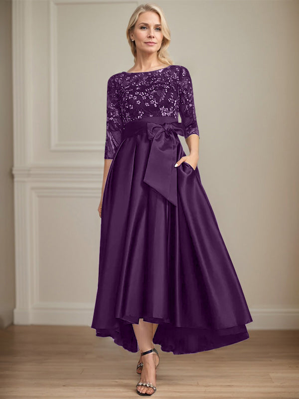 A-Line Scoop Neck Illusion Asymmetrical Satin Lace Mother of the Bride Dress with Bow