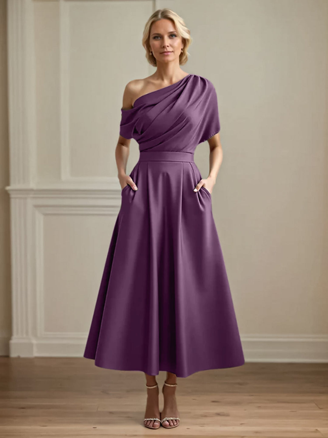 One-Shoulder Satin A-Line Pleated Ankle-Length Mother of the Bride Dress