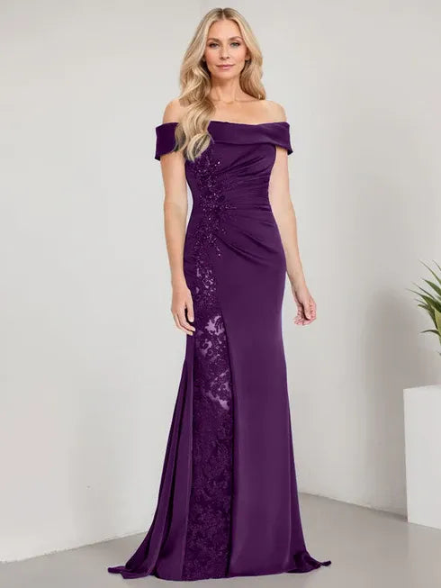 A-Line Off-the-Shoulder Floor-Length Mother of the Bride Dress with Appliqué Beadings and Mermaid Silhouette Featuring a High Split