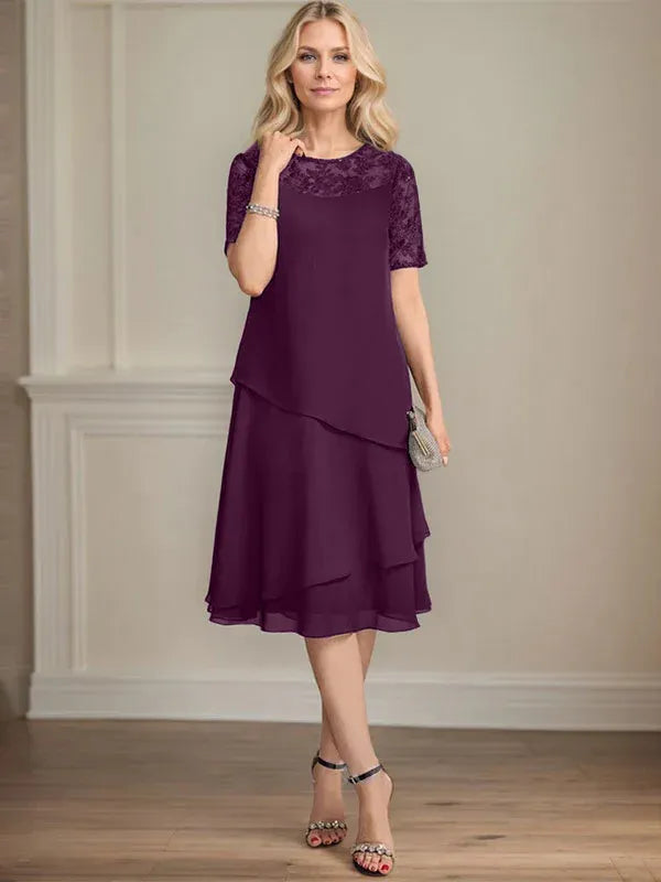 A-Line Scoop Neck Illusion Knee-Length Lace Chiffon Mother of the Bride Dress with Sequins