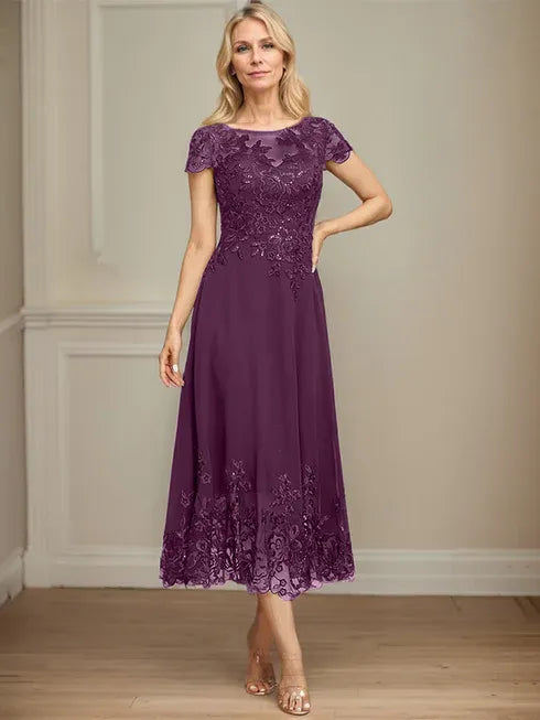 A-Line Illusion Scoop Tea-Length Lace Chiffon Mother of the Bride Dress with Sequins