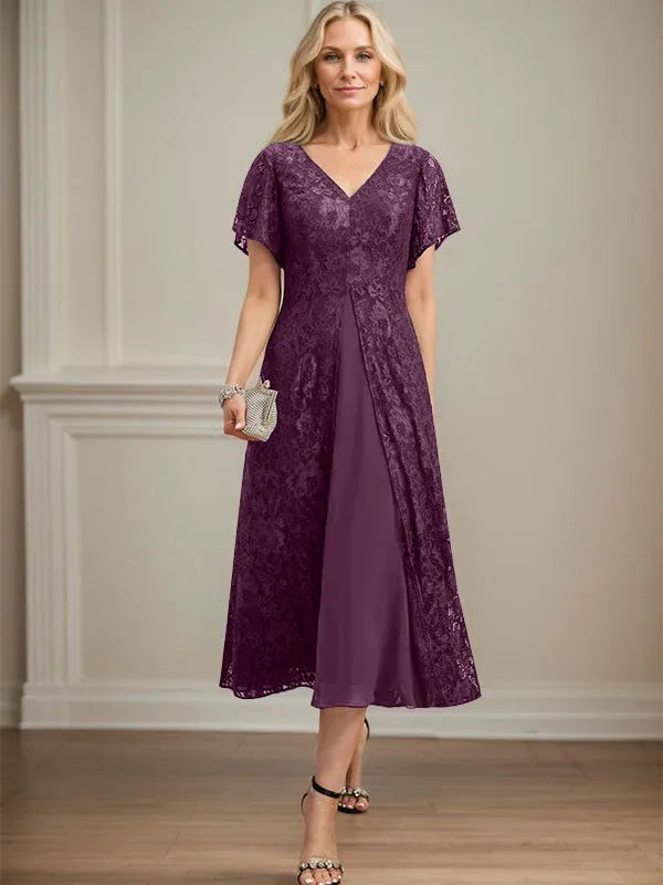 A-Line V-Neck Tea-Length Lace Chiffon Mother of the Bride Dress