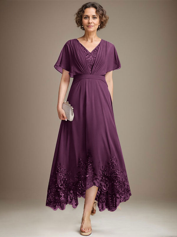 A-Line V-Neck Asymmetrical Lace Chiffon Mother of the Bride Dress with Pleats