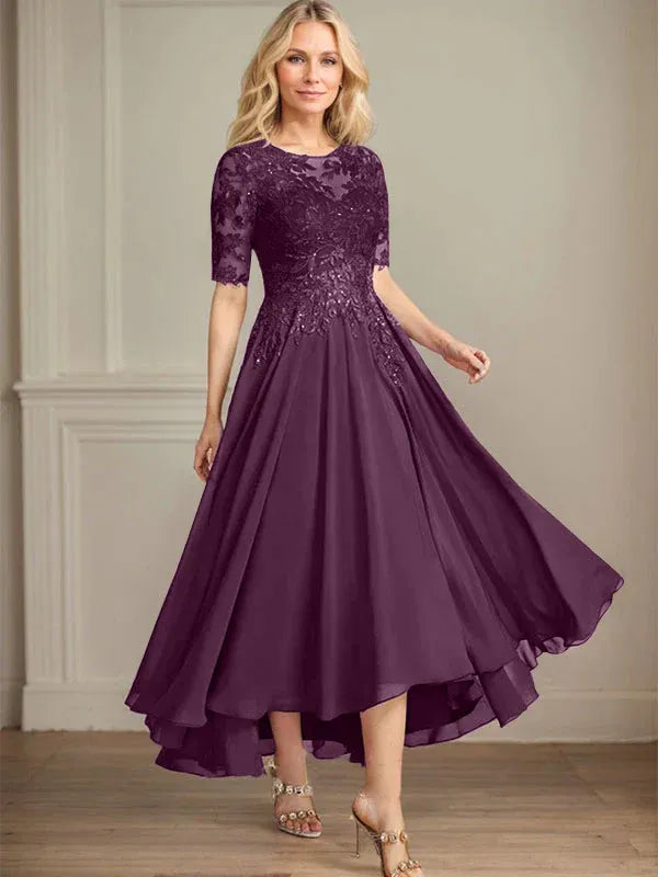 A-Line Scoop Neck Illusion Asymmetrical Chiffon and Lace Mother of the Bride Dress with Sequins