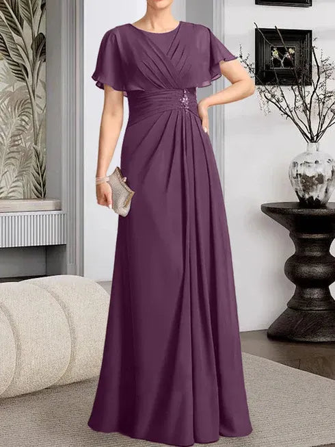 A-Line Scoop Neck Floor-Length Chiffon Mother of the Bride Dress with Pleated Beading