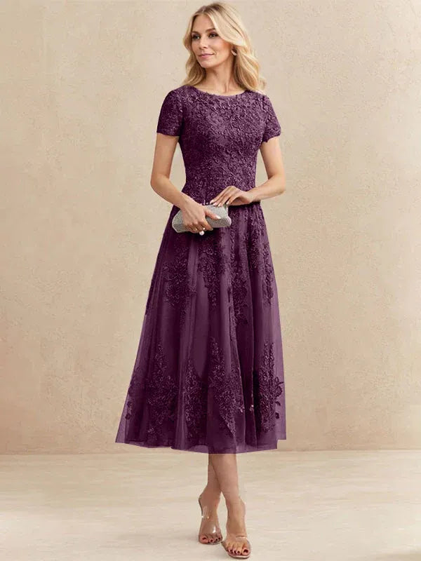 A-Line Scoop Neck Tea-Length Tulle Lace Mother of the Bride Dress