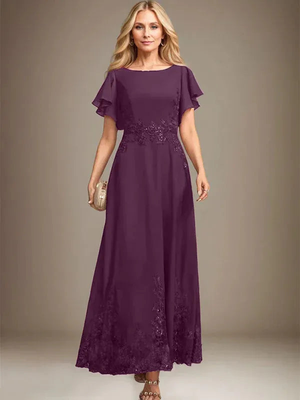 A-Line Scoop Neck Ankle-Length Lace and Chiffon Mother of the Bride Dress with Sequins