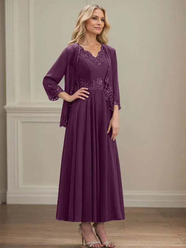 A-Line V-Neck Chiffon Mother of the Bride Dress with Sequins, Appliques, Lace, and Beading at Ankle Length
