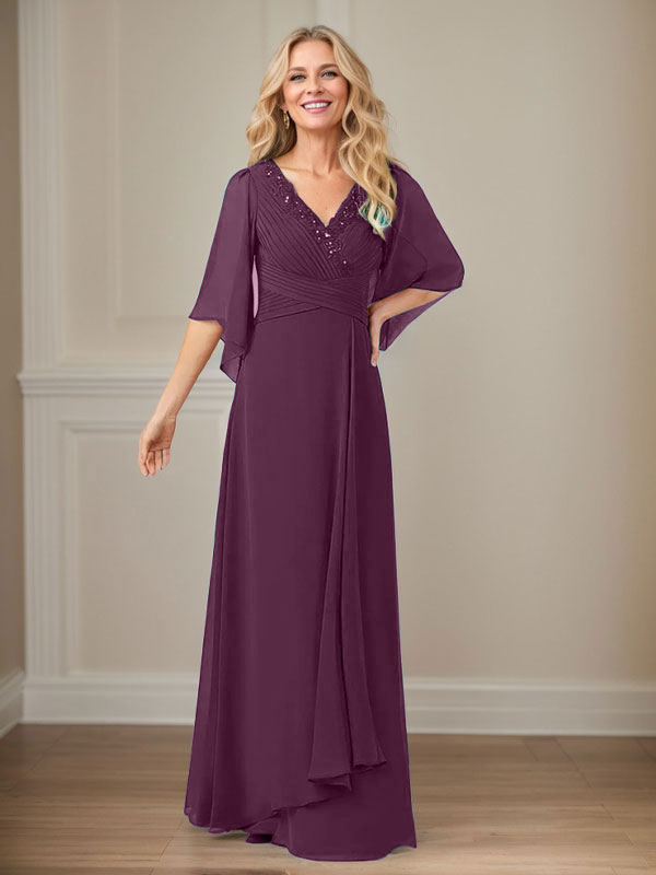 A-Line V-Neck Long Sequin Chiffon Mother of the Bride Dress