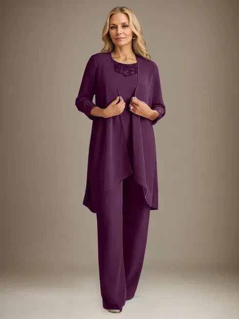 Chiffon Scoop Neck Long Sleeve Mother of the Bride Pantsuit with Jacket