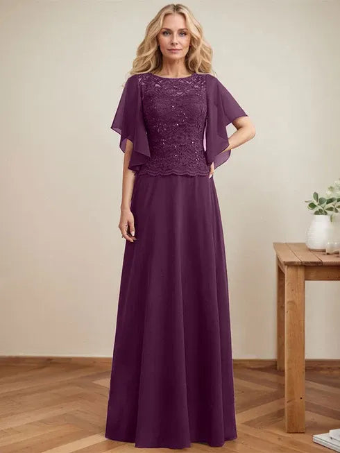 A-Line Scoop Neck Illusion Floor-Length Lace Chiffon Mother of the Bride Dress with Sequins