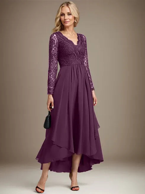 A-Line V-Neck Asymmetrical Lace Chiffon Mother of the Bride Dress