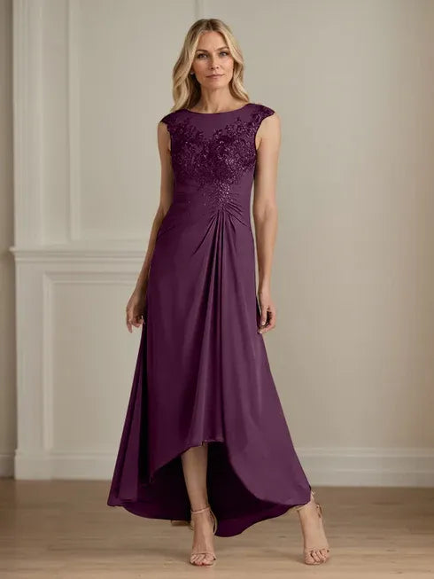 Champagne A-Line Lace and Chiffon Scoop Neck Dress