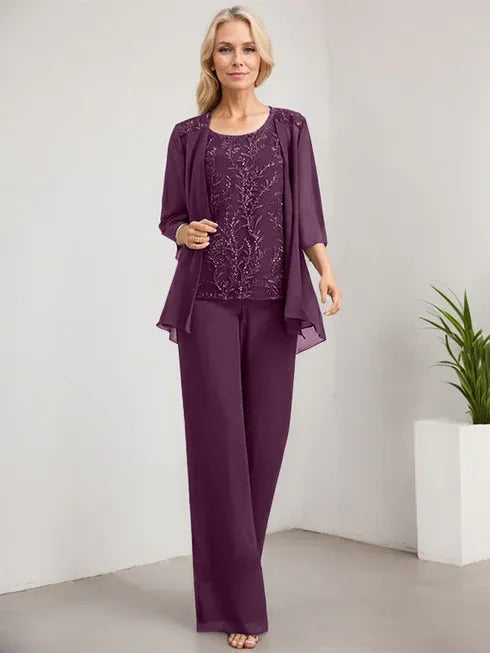 Floor-Length Lace Chiffon Mother of the Bride Jumpsuit/Pantsuit with Scoop Neck and Sequins