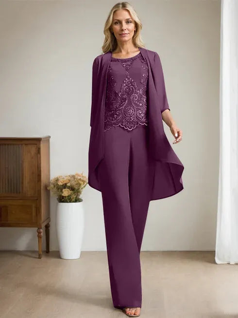 Floor-Length Chiffon Lace Mother of the Bride Jumpsuit/Pantsuit with Scoop Neck, Beading, and Sequins
