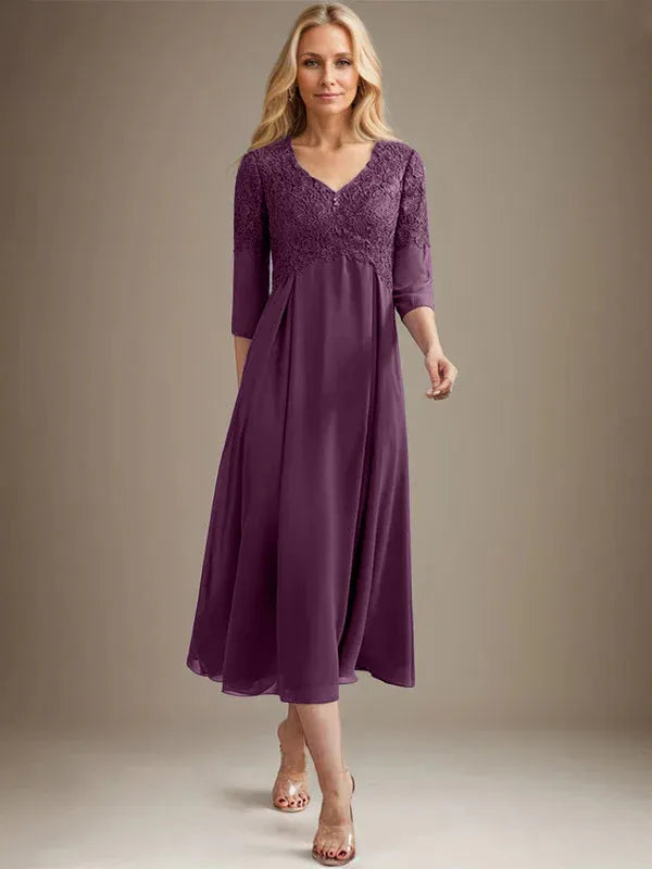 A-Line V-Neck Tea-Length Chiffon Lace Mother of the Bride Dress with Beading
