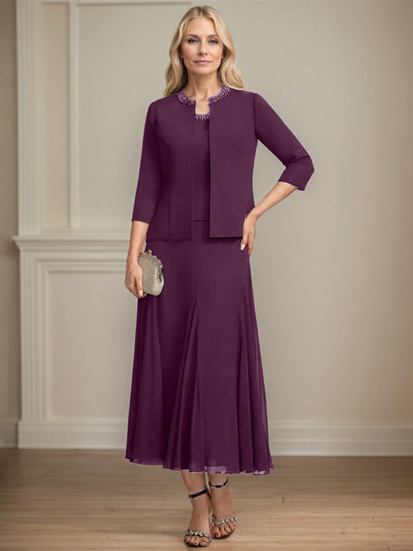 A-line Scoop Tea-Length Chiffon Mother of the Bride Dress with Sequins and Beading Separates