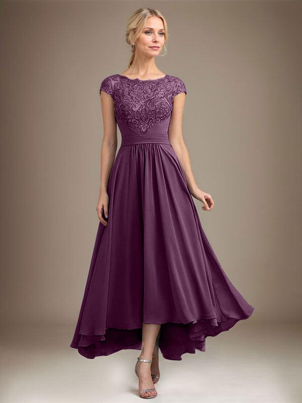 A-Line Scoop Neck Illusion Asymmetrical Lace Chiffon Mother of the Bride Dress with Pleats