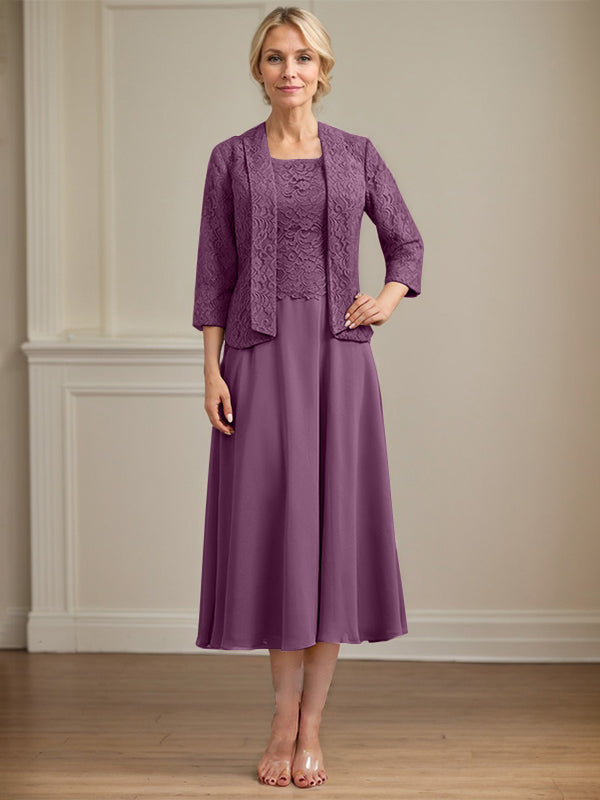 A-Line Scoop Neck Tea-Length Lace Chiffon Mother of the Bride Dress