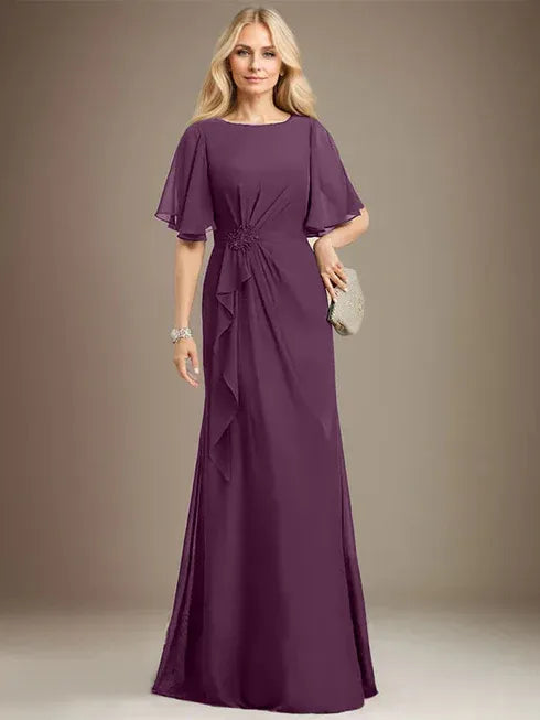 A-Line Scoop Floor-Length Chiffon Mother of the Bride Dress with Cascading Ruffles, Beading, and Sequins