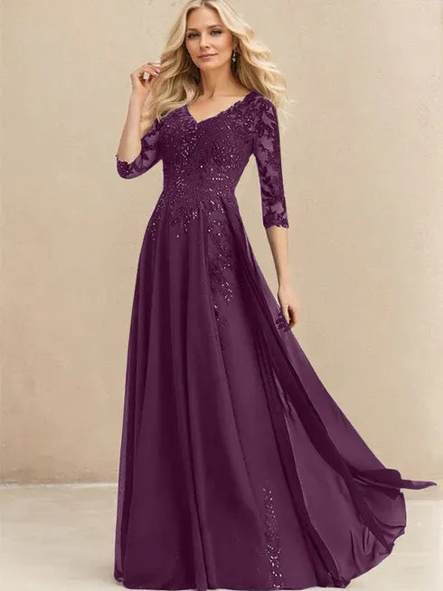 A-Line V-Neck Floor-Length Lace Chiffon Mother of the Bride Dress with Sequins