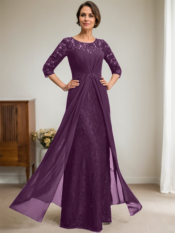A-Line Scoop Neck Illusion Floor-Length Lace Chiffon Mother of the Bride Dress with Beaded Ruffles