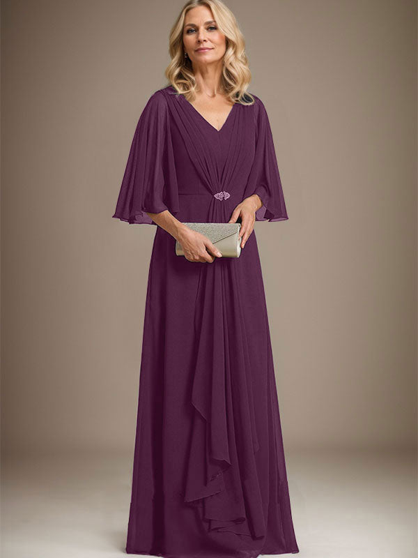 A-Line V-Neck Floor-Length Chiffon Mother of the Bride Dress with Cascading Ruffles and Crystal Brooch