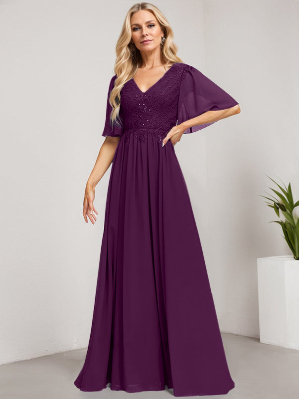 A-Line V-Neck Floor-Length Lace Chiffon Mother of the Bride Dress with Sequins