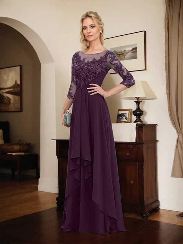 A-Line Scoop Neck Illusion Floor-Length Lace Chiffon Mother of the Bride Dress with Cascading Ruffles