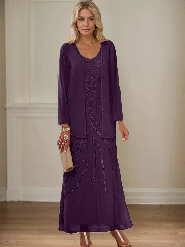 V-Neck Sheath/Mother of the Bride Ankle-Length Dress with Jacket & Sequins