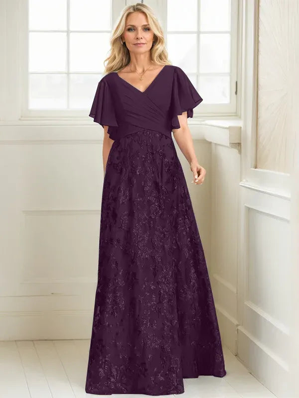 A-Line V-Neck Floor-Length Lace and Sequin Chiffon Mother of the Bride Dress with Pleats