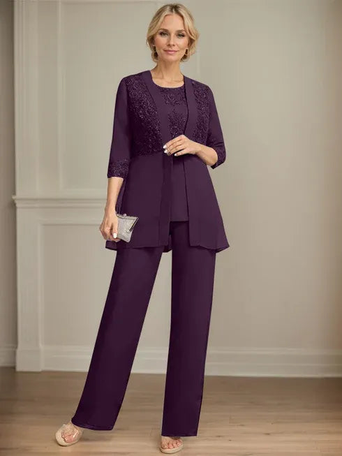 Floor-Length Chiffon Lace Jumpsuit and Pantsuit Separates with Sequins – Perfect Mother of the Bride Dress