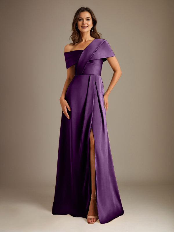 A-Line Satin Mother of the Bride Dress with Asymmetrical Neckline, Floor-Length, and Pleated Design