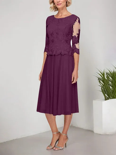 A-Line Scoop Neck Tea-Length Lace Chiffon Mother of the Bride Dress with Embroidery