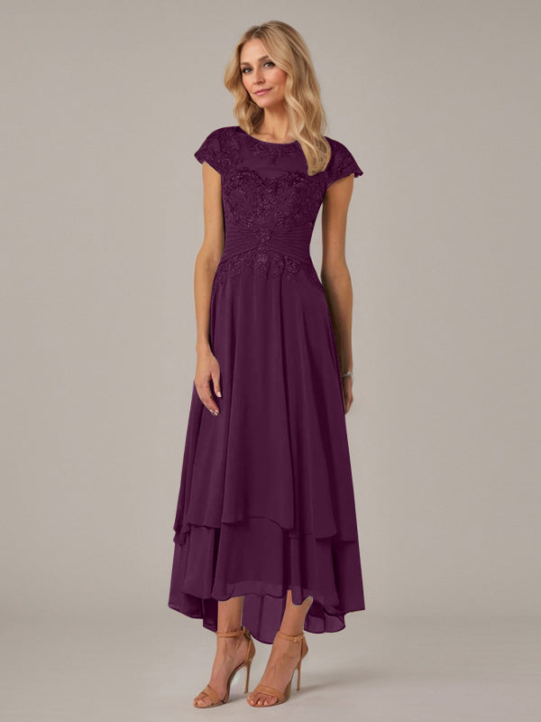 A-Line Boat Neck Illusion Asymmetrical Chiffon Lace Mother of the Bride Dress with Applique and Pleats
