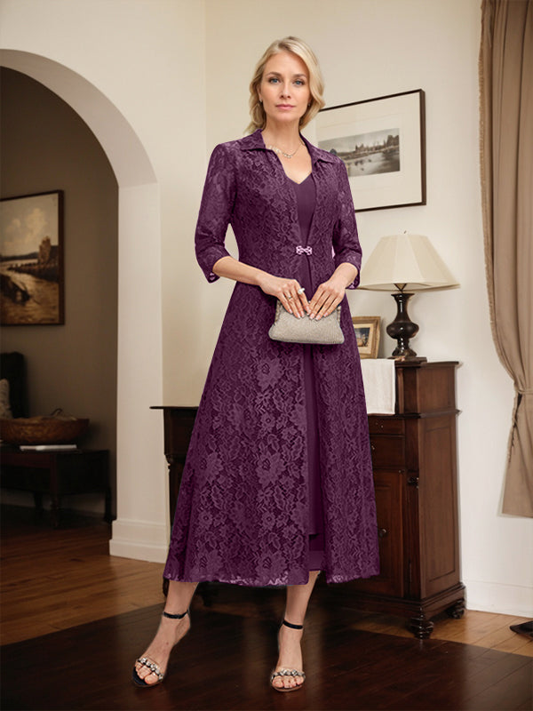 A-Line V-Neck Tea-Length Chiffon Mother of the Bride Dress