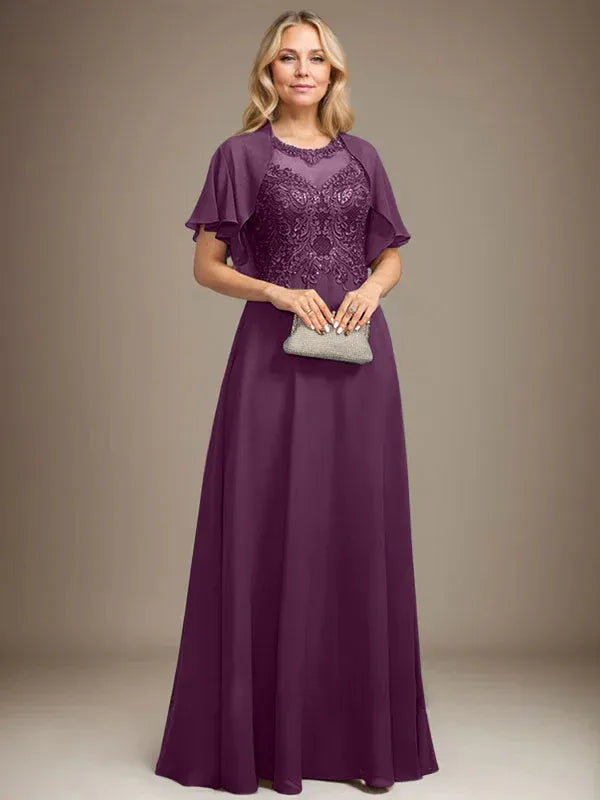 A-Line Scoop Neck Illusion Floor-Length Lace Chiffon Mother of the Bride Dress with Sequins