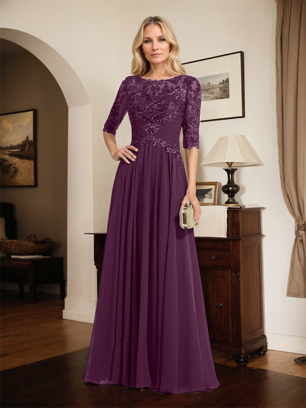 A-Line Scoop Neck Illusion Floor-Length Chiffon and Lace Mother of the Bride Dress with Pleated Sequins