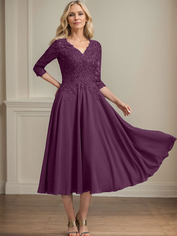 A-Line V-Neck Tea-Length Chiffon and Lace Mother of the Bride Dress with Beading and Sequins
