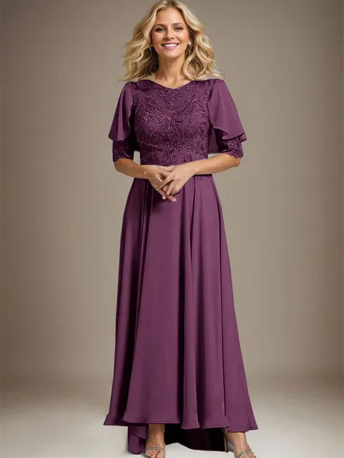 A-Line Scoop Neck Illusion Asymmetrical Chiffon and Lace Mother of the Bride Dress with Beading