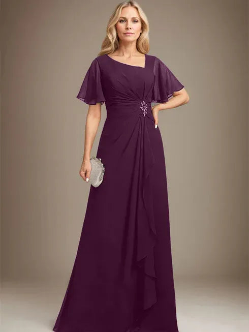 A-Line Asymmetrical Floor-Length Chiffon Mother of the Bride Dress with Pleated Beading and Sequins