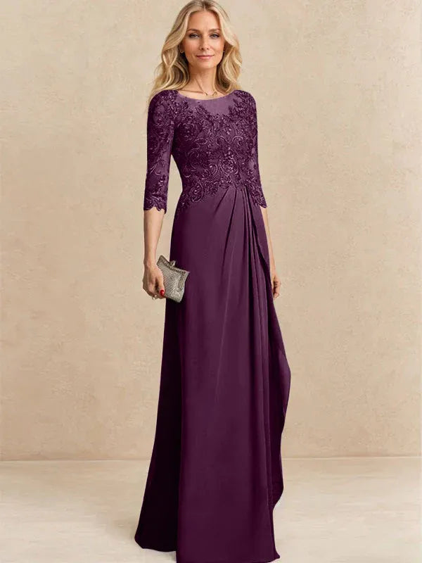 A-Line Scoop Illusion Floor-Length Chiffon and Lace Mother of the Bride Dress with Beading, Sequins, and Cascading Ruffles
