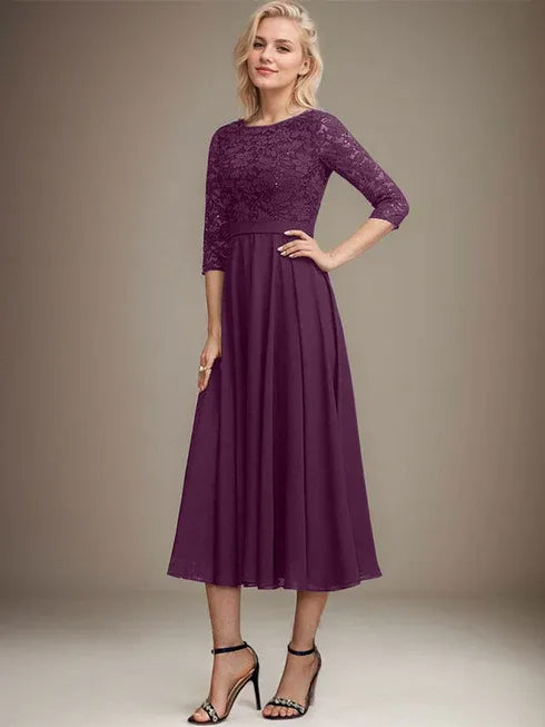 A-Line Scoop Neck Tea-Length Lace Chiffon Mother of the Bride Dress with Sequins