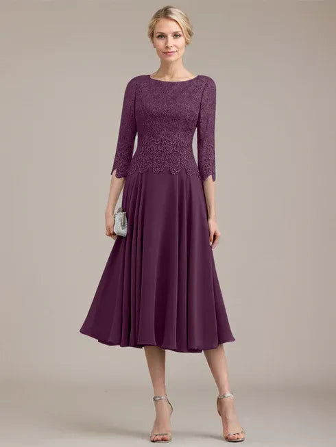 A-Line Scoop Neck Tea-Length Lace Chiffon Mother of the Bride Dress