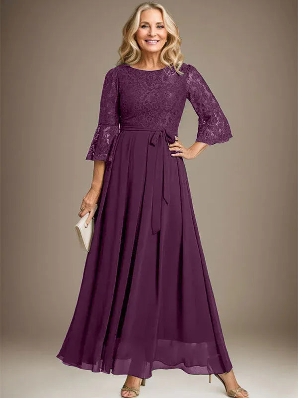 A-Line Scoop Neck Ankle-Length Lace Chiffon Mother of the Bride Dress with Bow