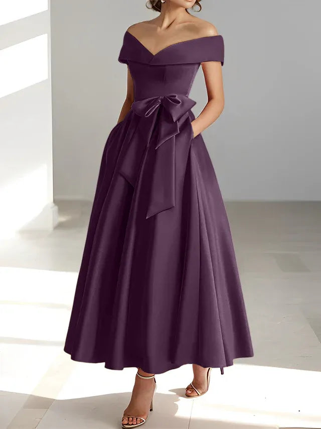 A-Line Off-the-Shoulder Sleeveless Ankle-Length Mother of the Bride Dress with Pockets