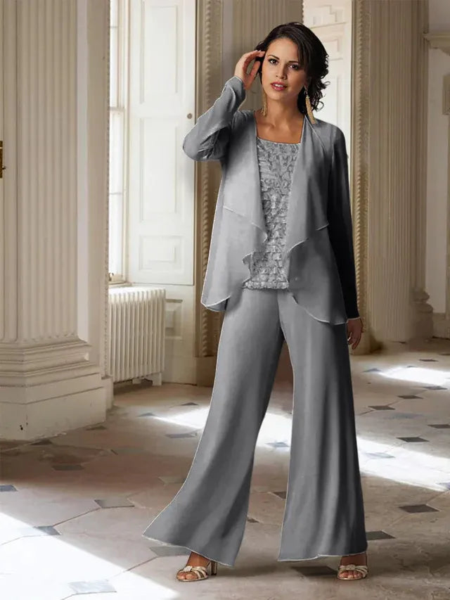 Chiffon Long Sleeve Mother of the Bride Pantsuit with Jacket