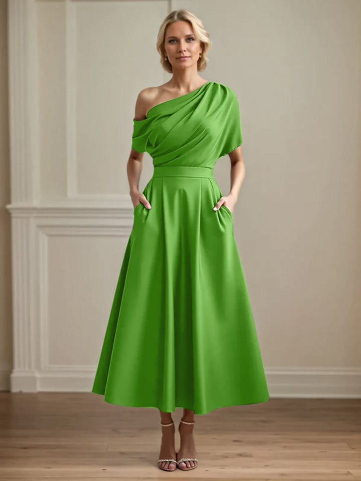 One-Shoulder Satin A-Line Pleated Ankle-Length Mother of the Bride Dress
