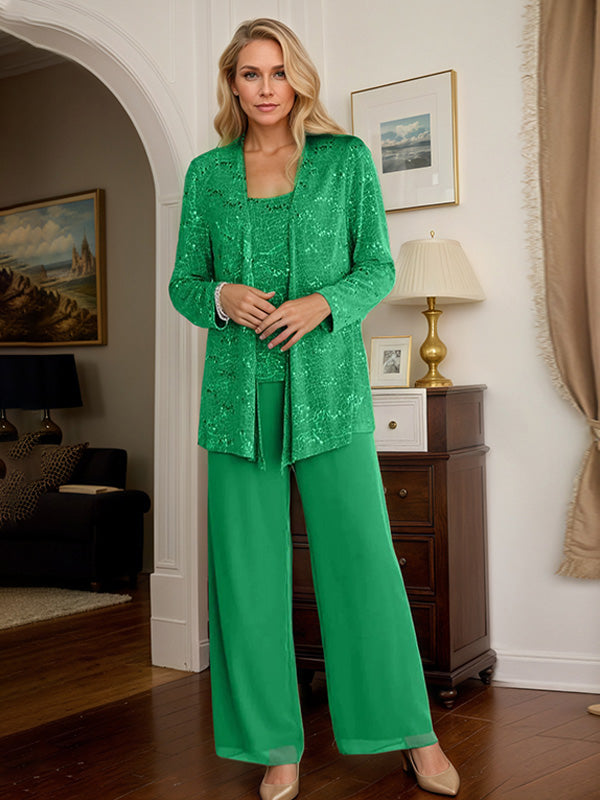 Chiffon Mother of the Bride Pantsuit Set with Jacket and Sequins