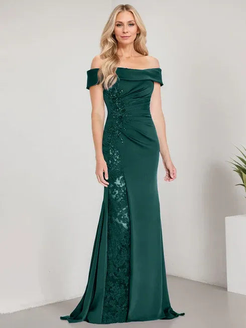 A-Line Off-the-Shoulder Floor-Length Mother of the Bride Dress with Appliqué Beadings and Mermaid Silhouette Featuring a High Split